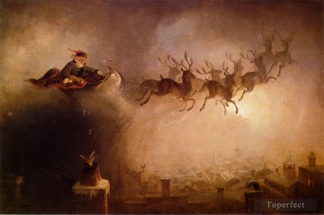 Papá Noel entrega regalos de Navidad por la noche en un trineo de renos William Holbrook Beard Pinturas al óleo